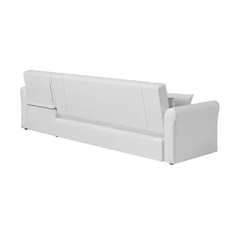  white sofa cam bed isolated front view with rounded arms, sofa cum bed layout, modern sofa bed comfort, and compact couch bed function