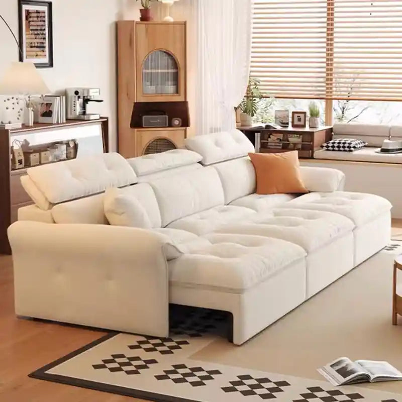 tan brown sofa bed couch with extendable seat panels in side view