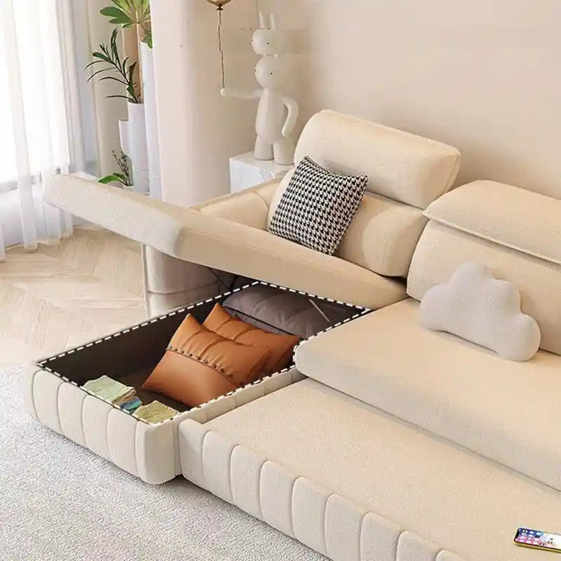 cream sofa bed couch front view with chaise lounge, USB charging, and modern styling