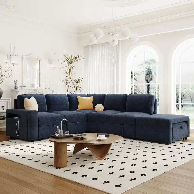 Miren navy blue sofa cum bed front view with pull-out sleeper, storage feature, and modern sofacumbed styling