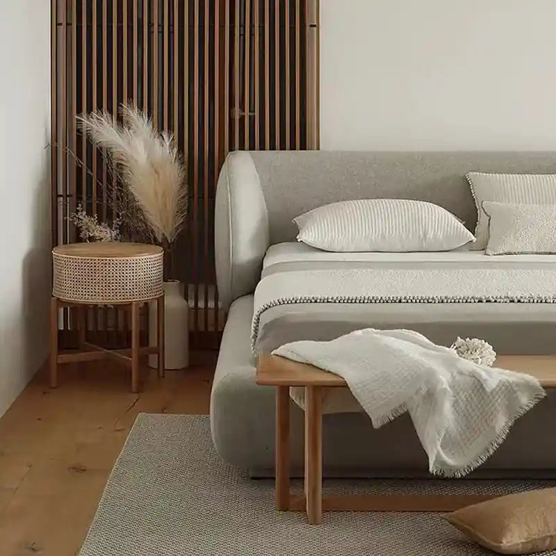 Transform your master bedroom with this elegant modern bed design, featuring a plush upholstered bed frame in soothing green or beige tones.