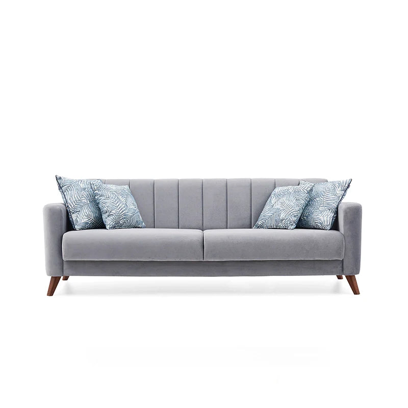 Engineered from neem wood and moisture-resistant plywood, this fabric sofa set is durable and family-ready. 
