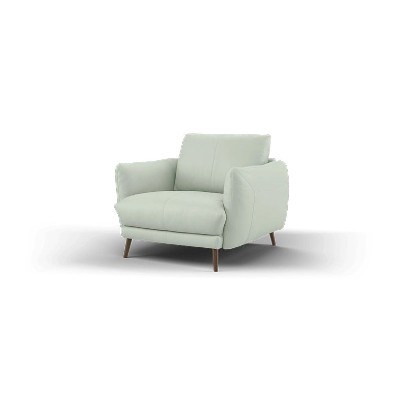 The smooth tan finish paired with tapered wooden legs reflects a contemporary sofa