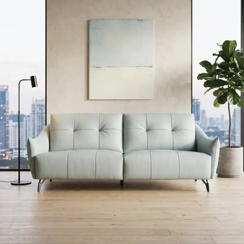 Raised black-leg 2 seater couch with modern sofa design pale aqua upholstery