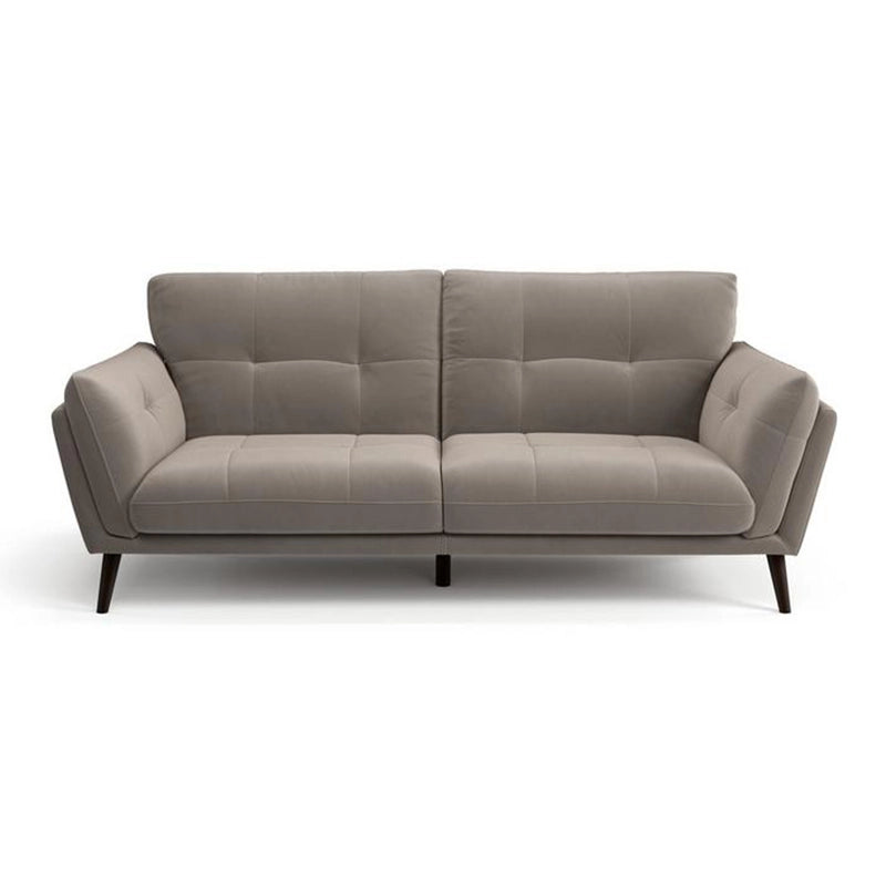 Beige 3 seater leather sofa with tufted cushions, tapered wooden legs, padded arms, and modern sofa style
