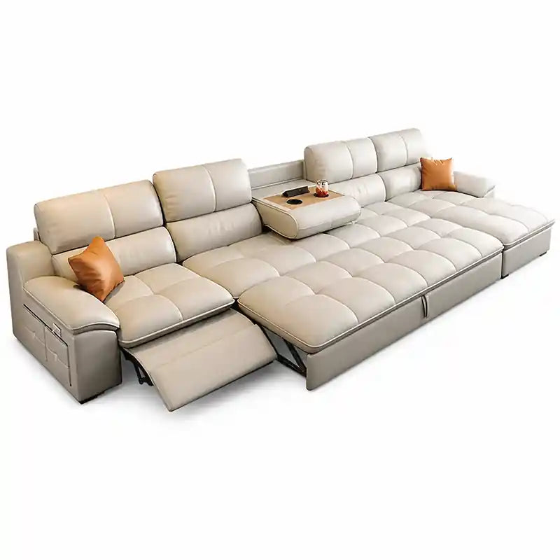 sofa cum bed in beige cutout view with cup holders and storage
