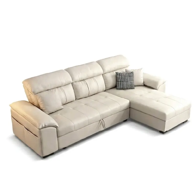 L shape sofa cumm bed in white with chaise storage layout