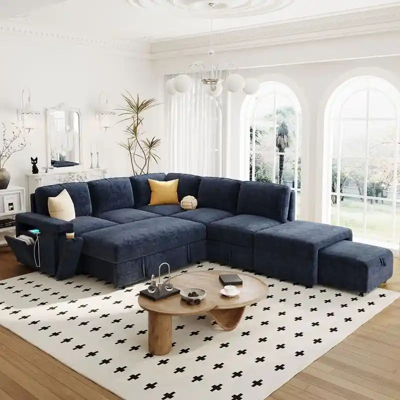 navy blue sofacumbed corner view with reversible chaise, ottoman, hidden storage, and couch bed use