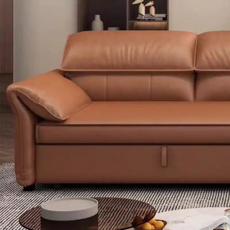  tan brown sofa cumm bed collage showing chaise layout, under-seat storage, pull-out bed function, and modern couch bed styling