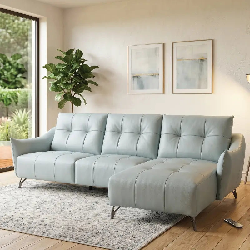 Tufted L shape chaise with 4 seater sofa smooth leather-look material