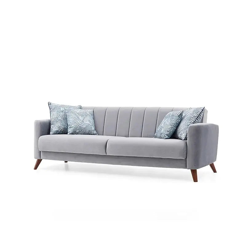 Gray armchair with a patterned pillow on a white background