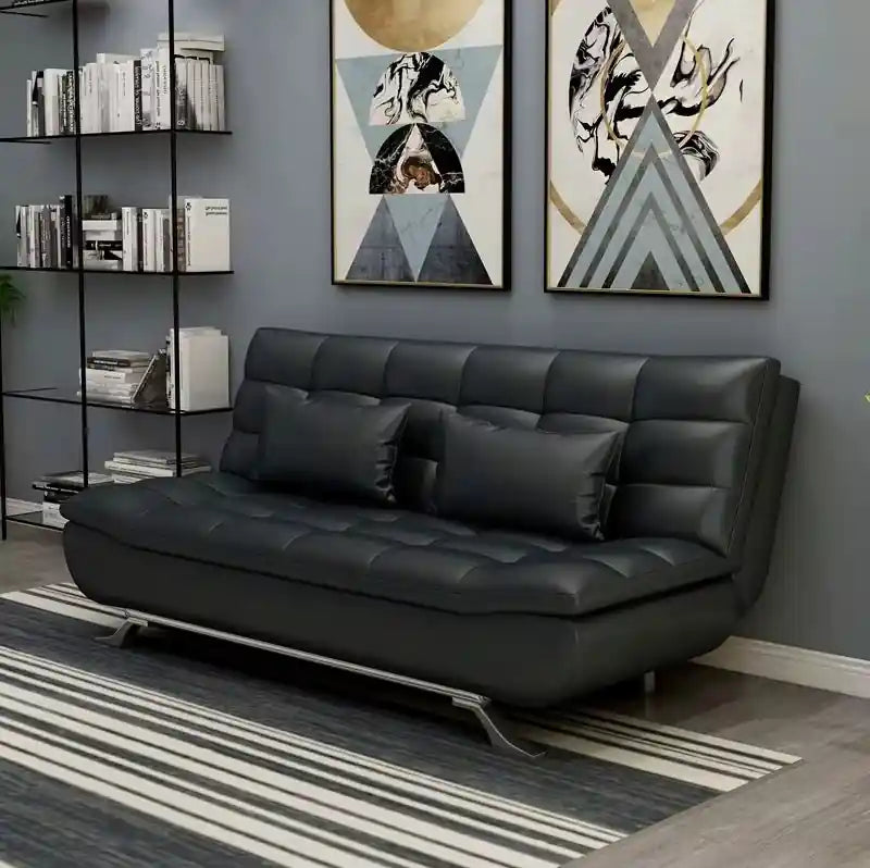  grey click-clack sofa bed front view with pillows, metal leg support, and modern sofa bed styling