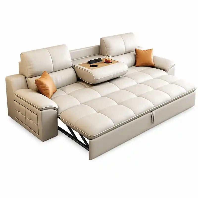 pull-out sofa bed in beige with console and recliner extension