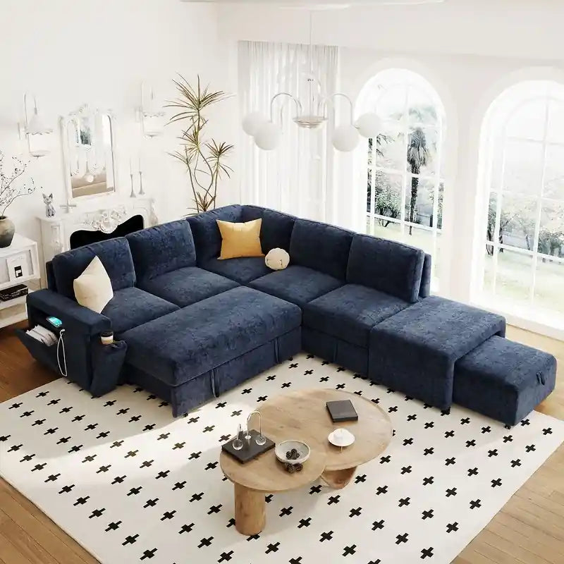 cream sofa cam bed with USB armrest storage, pull-out sofa cum bed function, reversible chaise, and modern couch bed comfort