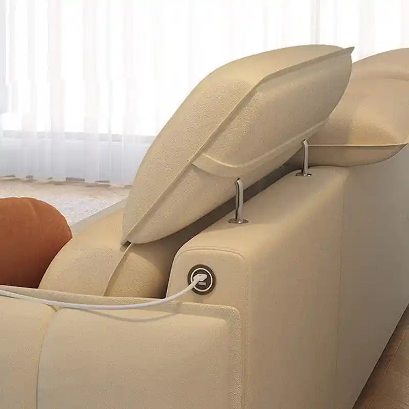cream L shape sofa bed with USB charging port, chaise seating, and matching ottoman