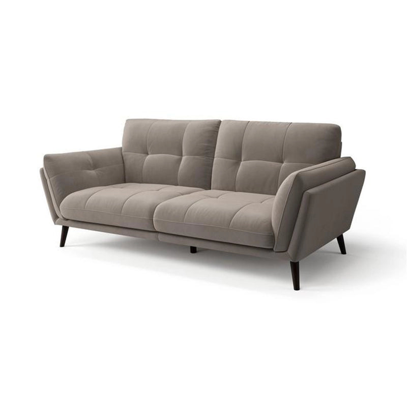Navy leather sofa with tufted backrest, padded arms, wooden legs, and modern sofa design for living rooms
