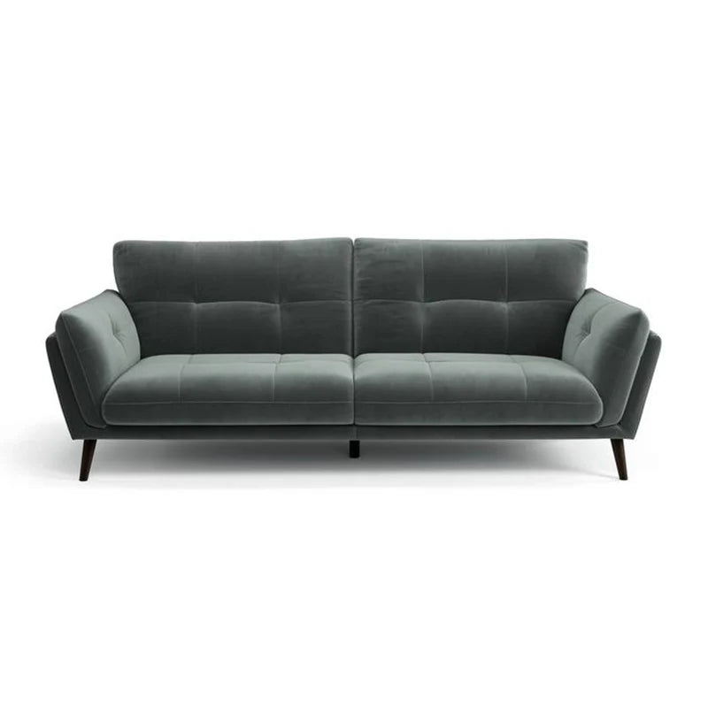 The dark wood legs add contrast, while the teal, grey, taupe, and navy options enhance any decor palette.