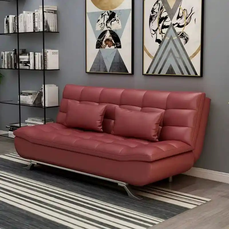  grey modern couch bed with click-clack fold-down mechanism, tufted seat, and compact 3 seater sofa bed design