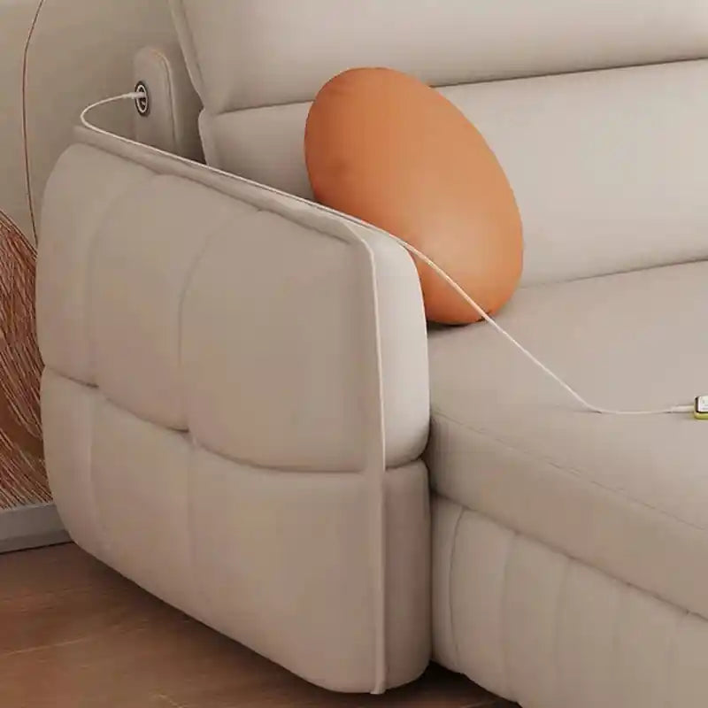 cream pull-out sofa bed with open under-seat storage and USB port for daily convenience