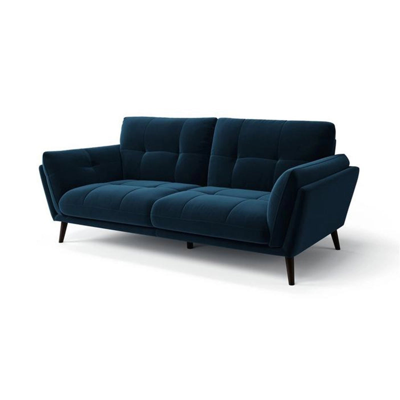 Navy 3 seater leather sofa with tufted cushions, flared arms, wooden legs, and premium couch comfort
