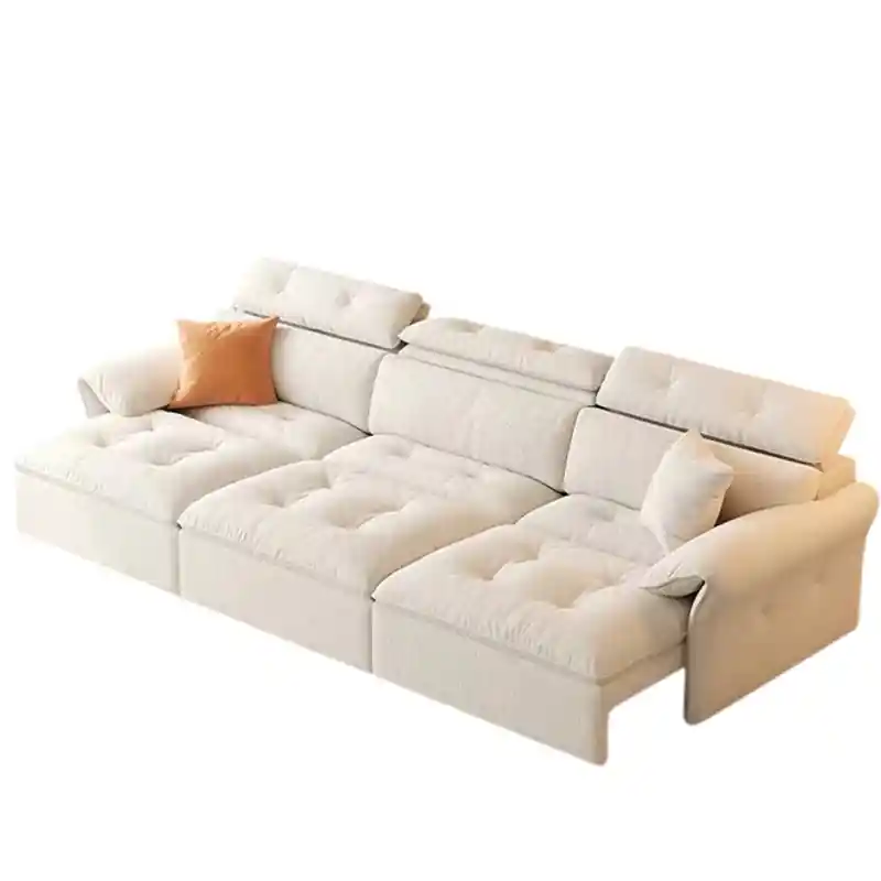 Close-up of  tan brown sofa cumm bed with tufted cushion and stitched piping