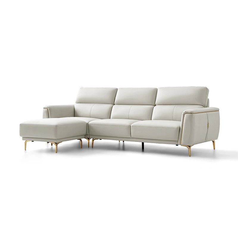 The raised metal legs and slim gold accents give this sofa set a light