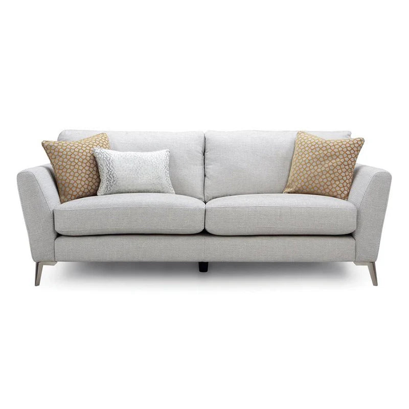 Upholstered in durable grey cloth, this fabric couch is supported by a termite-resistant Neem wood frame and engineered plywood panels.