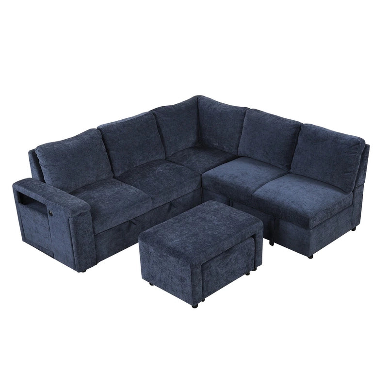 Blue sectional sofa with ottoman on a white background
