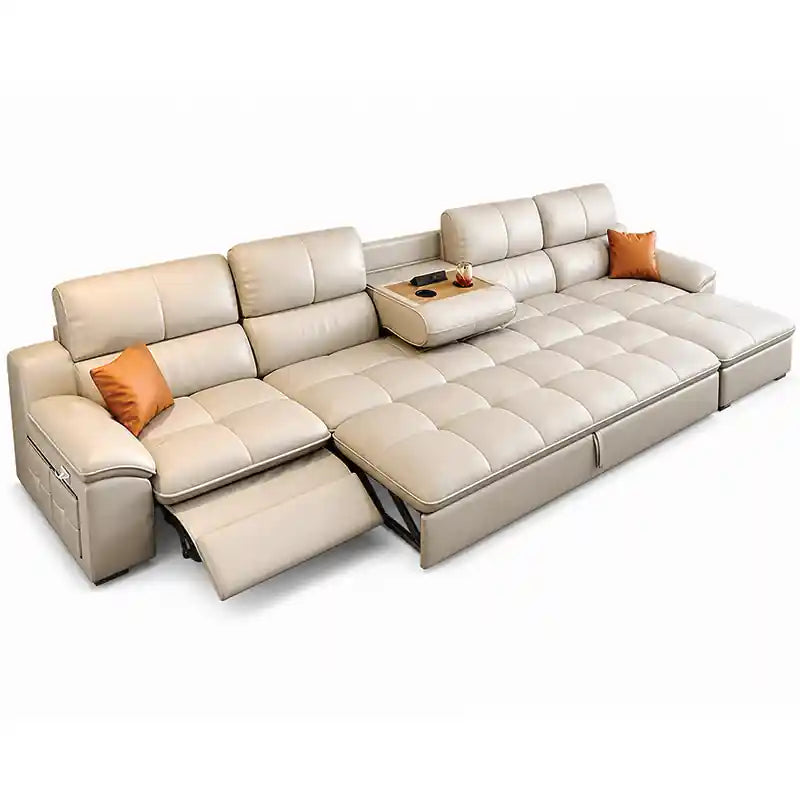 beige sofa bed couch with centre console and adjustable headrests