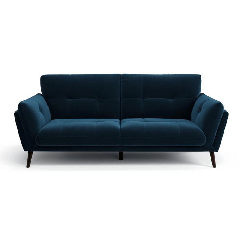 Grey tufted leather sofa with wooden legs, padded armrests, refined stitching, and contemporary sofa design