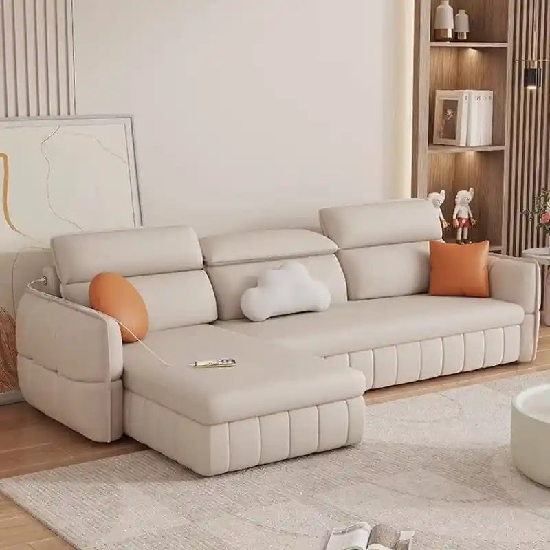 black sofa cam bed with open storage and pull-out bed function for compact living rooms