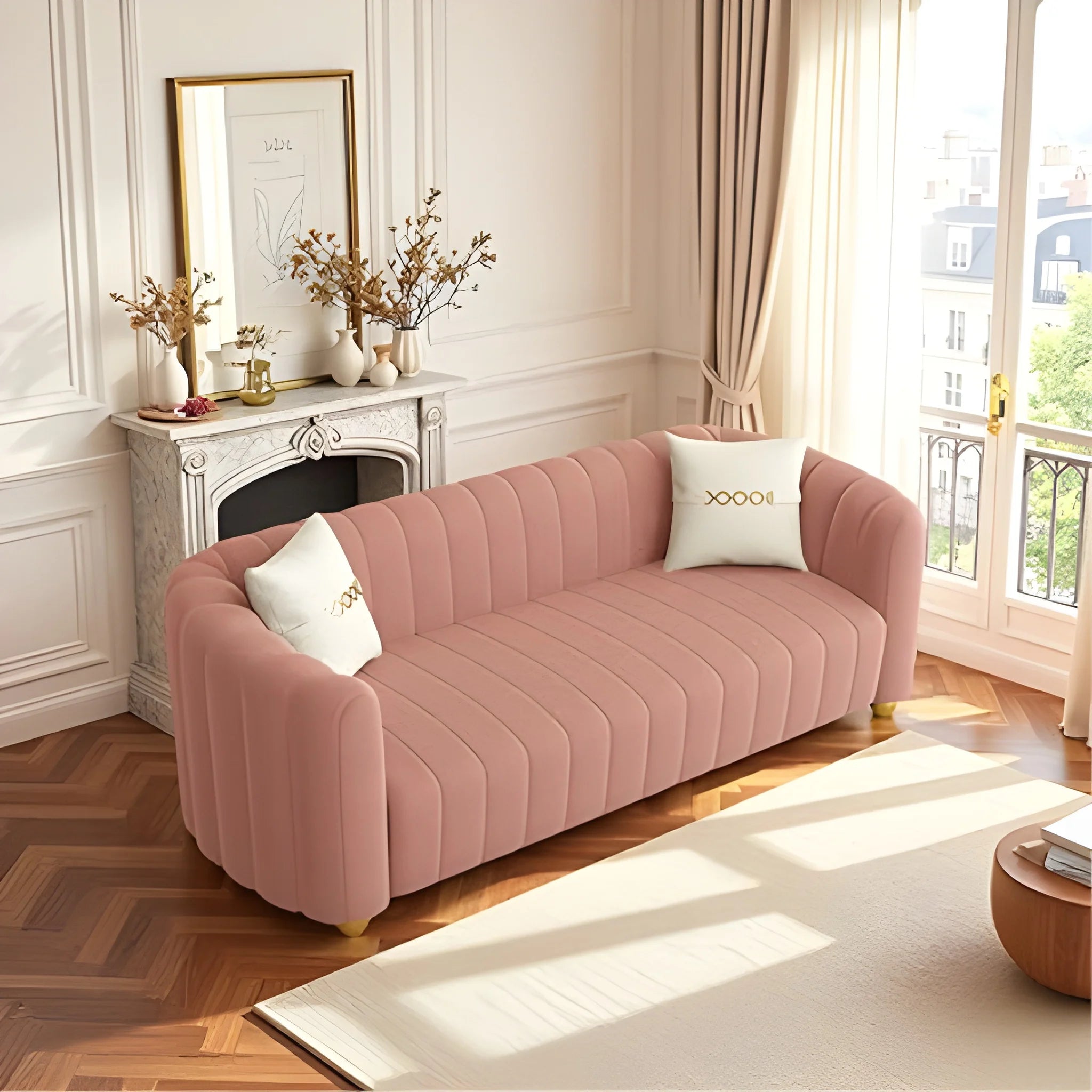 Pink sofa in a stylish living room with sunlight streaming through large windows.