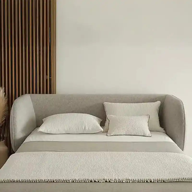 Soft beige wrap-around bed photo with modern bed design and bed frame for master bedroom