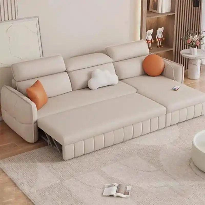 black pull-out sofa bed with chaise lounge, adjustable backrest, and flat sleeping surface