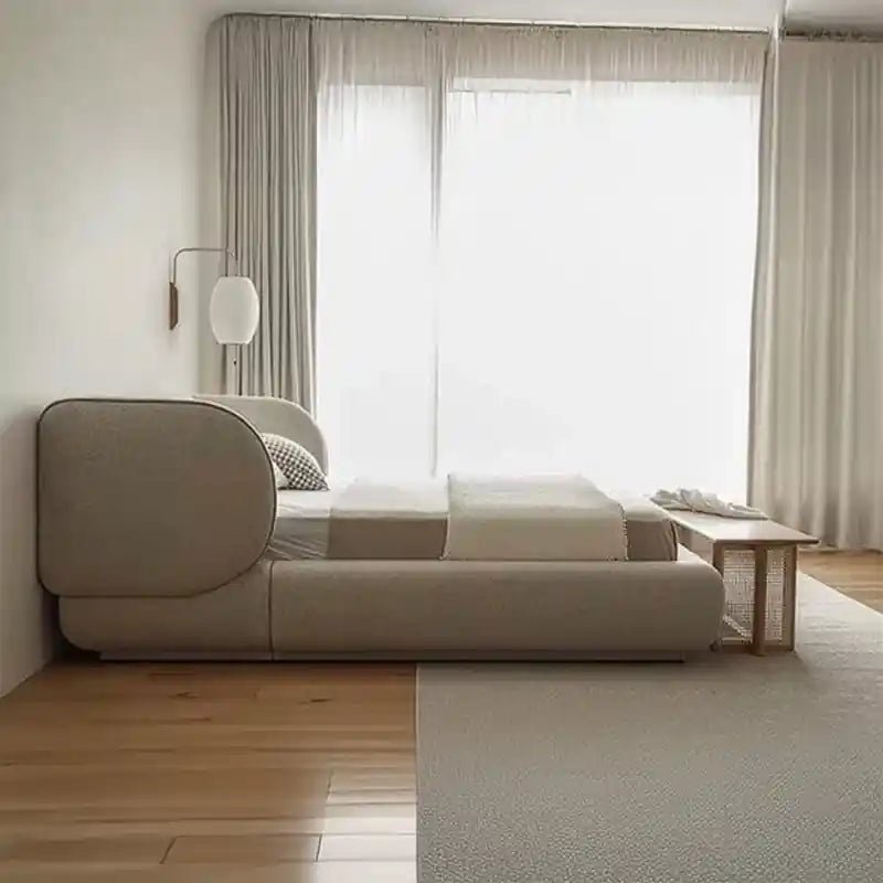 Soft beige upholstered bed image showing bed and cot frame in modern style