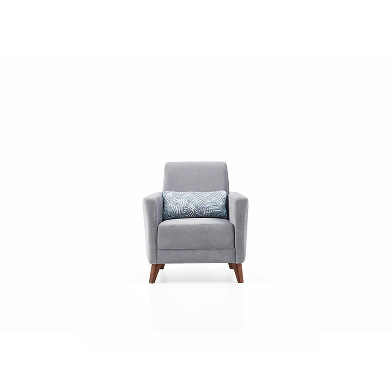 Gray armchair with a patterned pillow on a white background
