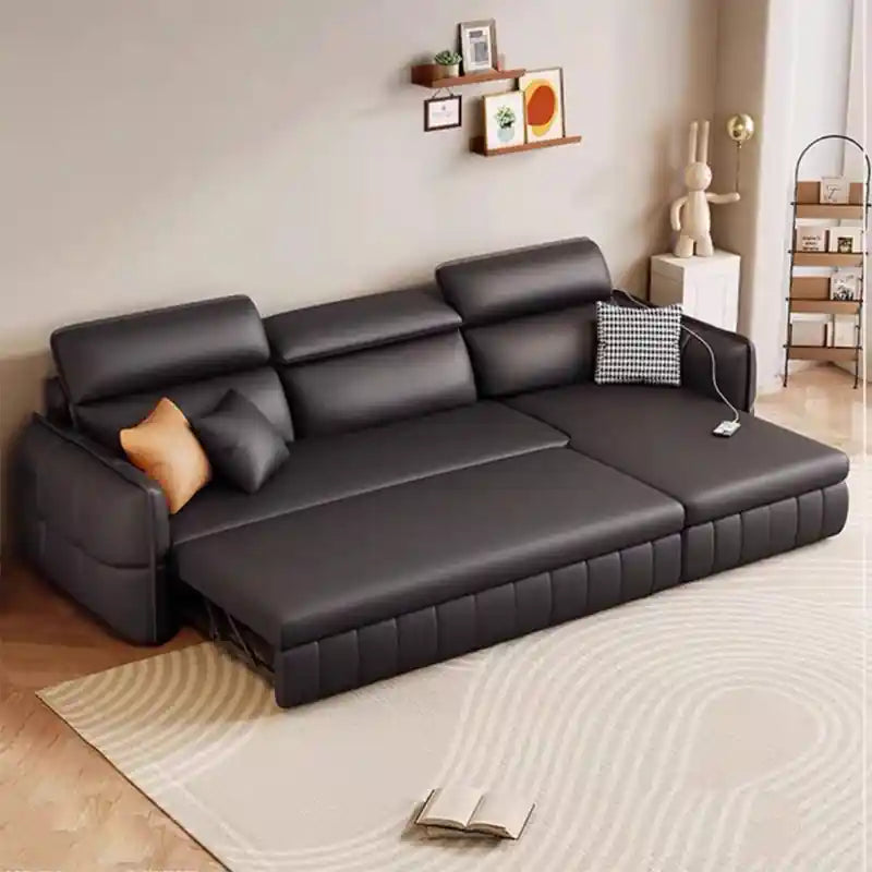 black L shape sofa bed with USB port, chaise lounge, and storage ottoman for modern homes
