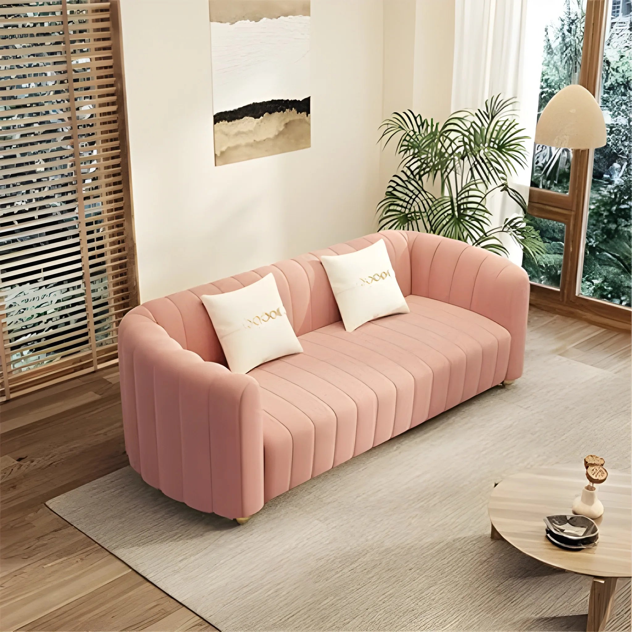 Rounded arm sofa with vertical stitching modern sofa design fabric couch green 3 seater