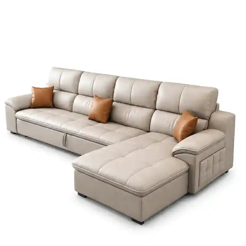 beige sofa cum bed with storage console and wide armrests