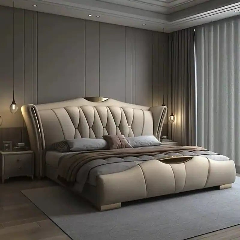 Full side profile showing plush wingback, master bedroom bed design, bed frame