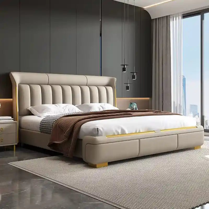 Beige wingback upholstered bed frame modern bed design master bedroom bed design