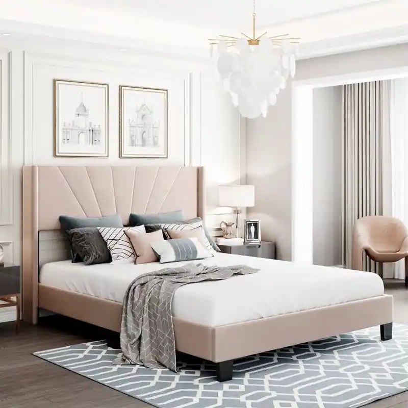 Fan stitched upholstered headboard modern bed design bed frame blush beige velvet