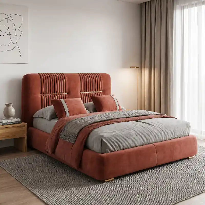 Terracotta tufted upholstered bed frame modern bed design velvet finish
