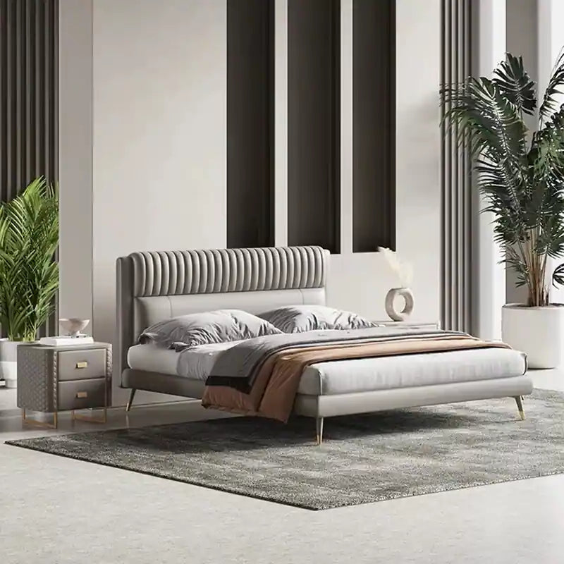 Beige upholstered channel headboard bed frame modern bed design with gold legs