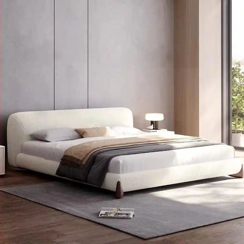 Curved boucle bed frame modern bed design cream upholstered cot with walnut legs