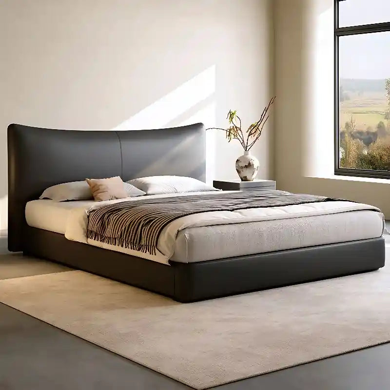  Curved headboard in matte black faux leather – new bed design, bed frame – queen size