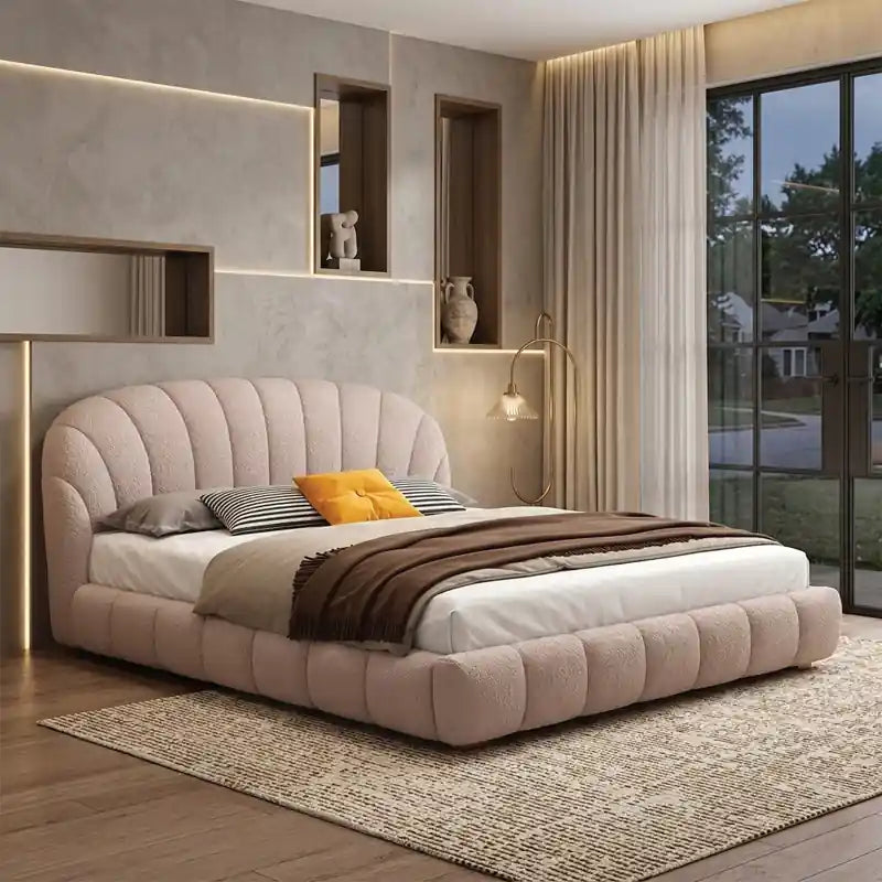 Curved tufted upholstered bed frame modern bed design cream boucle bed and cot
