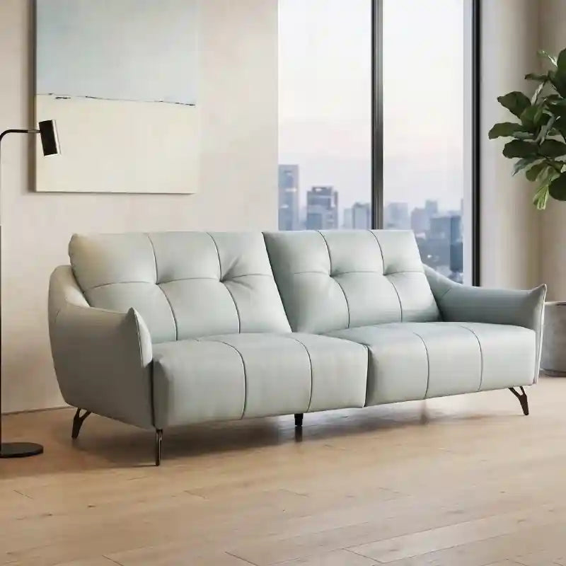 Mist blue tufted 2 seater sofa with premium sofa leather-look finish
