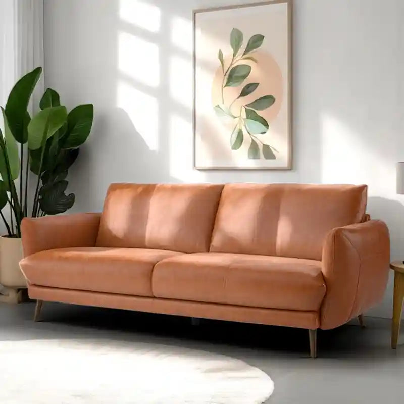 Tan leather-look sofa with rounded arms premium sofa modern sofa design 3 seater