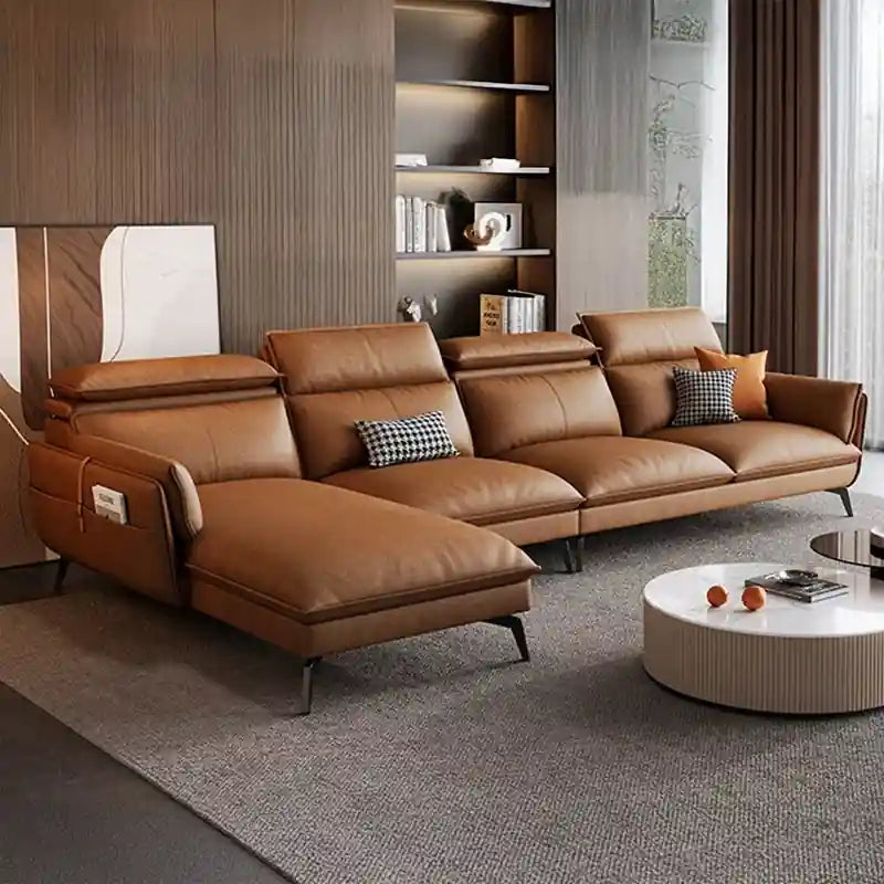 Tan leather design with soft piping – premium sofa + modern sofa design – l shape